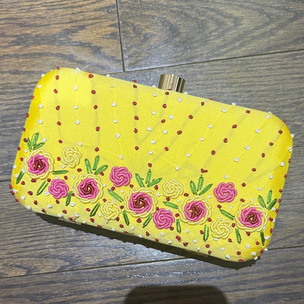 Vibrant Yellow Floral Embroidered Clutch